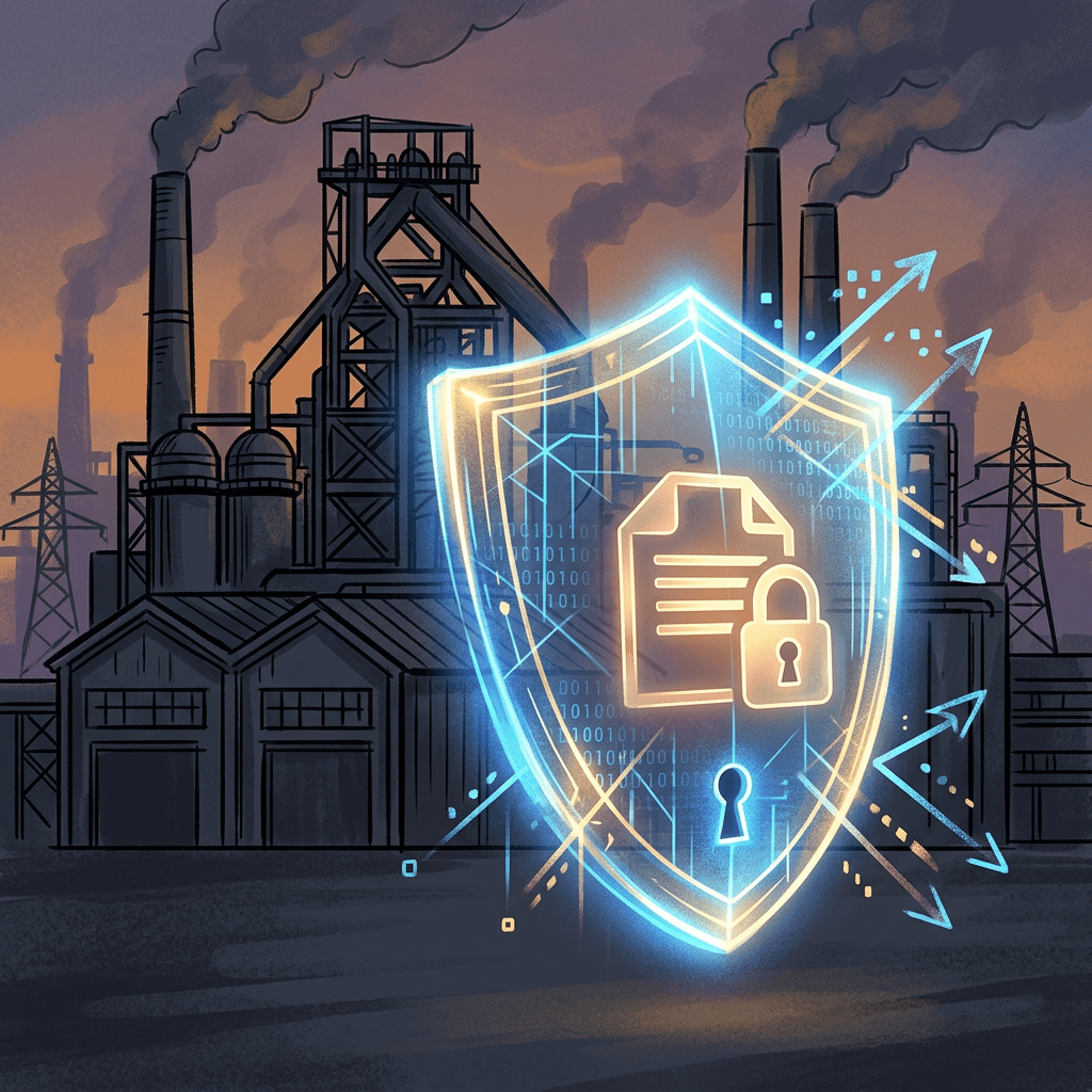 Digital shield with document and lock icon in front of industrial factory and smokestacks